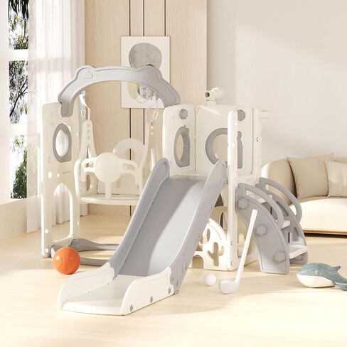 Korimefa 8 in 1 شريحة صغيرة من الأطفال وتأرجح لطفل صغير من 1 إلى 3 سنوات ، تلعب Toddles Playet Playground Iddoor و Outdoor Swing Slide Playset W/كرة السلة Hoop & Golf Get ، Gray in Kuwait
