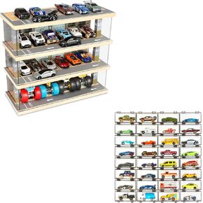 Toy Car Parking Garage with Lights + Display Case 32 Packs (Clear)