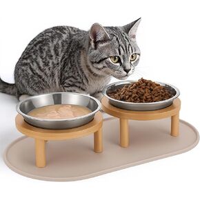 Elevated Cat Bowls with Food Mat,6.3 Inches Shallow Raised Bowls Whisker Friendly,2 Stainless Steel Cat Food and Water Dishes for Cats and Puppies,Dishwasher Safe