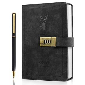 ZeriLion 240 Pages A5 Lock Journal Retro PU Leather Locking Diary Notebook - Combination Locked Journal for Privacy - Diary Notebook for Men Women Teens Boys - Black