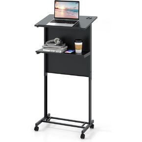 Tangkula Rolling Podium Stand, 3-Position Height Adjustable Lectern Table with Tilted Tabletop, Mobile Laptop Cart with Storage Shelf, Lockable Casters, Ideal for Classroom, Office, Churches