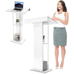 Acrylic Podium Stand, 45.3" Pulpit for Churches with Storage Shelf, Modern Lectern with Cross Design for Classroom, Conference, Wedding and More