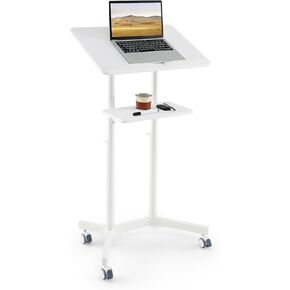 Tangkula Mobile Lectern Podium, Height-Adjustable Rolling Laptop cart with Tilting Top, Storage Tray & Cup Holder, Portable Pulpit Stand with Lockable Casters for Classroom, Church, Office