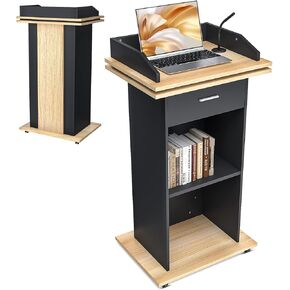 Wood Podium Stand with Wheels, Portable Lectern with 3 Levels of Storage, Floor Standing Customer Reception Podiums Mic Stand Desk for Churches, Office, Classroom,Conference, Auditorium