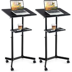 Giantex Mobile Laptop Podium, Height Adjustable Standing Desk with Storage Tray, Tilting Desktop, Home Office Classroom Pulpit Stand Up Desk, Rolling Laptop Cart Lecterns & Podiums for Church, White