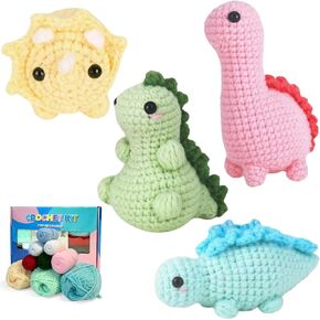 LYCBTC Crochet Kit for Beginners, Crochet Kit for Adult and Kids with Step-by-Step Video Tutorials, Complete Beginner Crochet Kits, 4Pack Dinosaurs(40%+ Yarn)