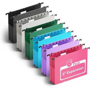 Plastic Hanging File Folders,Letter Size,6 Pack Reinforced Expanding Hang Folder,Accordian Pocket,Extra Capacity,Heavy Duty 3 Inch Expansion,Hanging Folder Organizer for Office,Colored File Folders