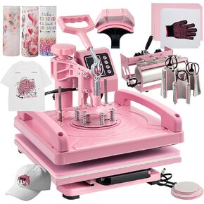 8 in 1 Heat Press Machine 15x15 Inch, Heat Press Machine for T Shirts Hat Cap Mug Plate 360° Swing Away, Sublimation Heat Press Heat Transfer Machine W/ 30OZ Tumbler Press Pink
