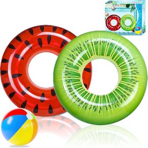 FindUWill 2 Pack Pool Floats, Pool Swim Tubes Rings, Inflatable Pool Floats Beach Swimming Toys with Beach Ball for Kids and Adults Raft Floaties