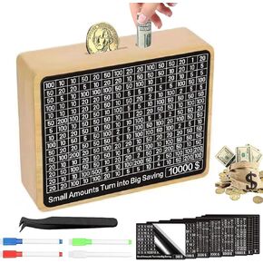 Wooden Savings Box with Counting Target, 2025 New Cash Coin Savings Box for Saving $10000 $5000 $3000 $2000 $1000 Target, Cash Saving Box Piggy Bank for Adults and Kids (Brown)