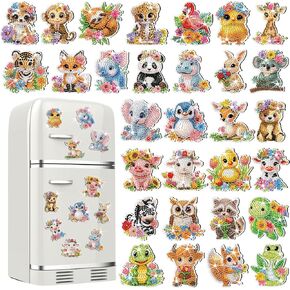 Xuhal 30 pcs Animal Diamond Painting Magnets Watercolor Animal Diamond Art Magnet Kits للبالغين اللطيف في الفيل Tiger Tiger Tigerator ملصقات ثلاجة مغناطيسية 5D