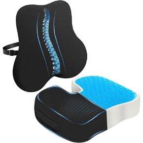 Gel-Infused Seat Cushion & Memory Foam Lumbar Pillow Set,Non-Slip Bottom，Breathable Mesh Cover，Portable Handle - Ergonomic Support for Office Chair Cushion, Car Seat Cushion and Wheelchair，Black
