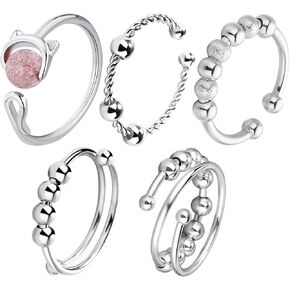 5 pac Adjustable Fidget Rings With Beads,Silver Stainless Steel Ring Anti Anxiety Ring Spinning,Anti-worry Bead Rings Spinner Ring,Fidget Ring for Women