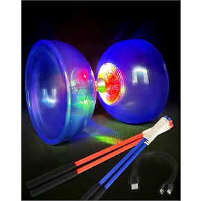Rechargeable LED Diabolo, Translucent and Impact-Resistant Material, Triple Bearing Design for Smooth Spins, Includes Plastic Hand Sticks & Extra String, Perfect for Beginners and Performers (Blue)