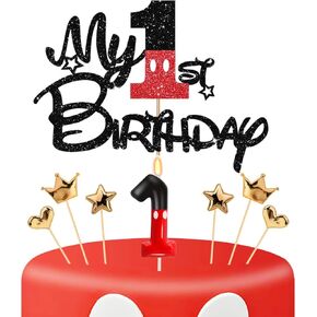 1st Cake Topper for Boys, Cartoon Glitter Black Red One Year Old Birthday Cake Topper with Numeral 1 Candles Decor for Boys Birthday Party Decorations Supplies (1st)