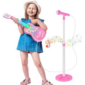 Kids Guitar and Microphone Playset, Musical Guitar Play Set with Adjustable Stand,Toy Guitar Starter Kit with 4 Strings, Electric Guitar Karaoke Toys with Music Lights for Boys Girls