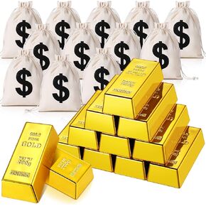 HyDren 12 Pcs Fake Gold Bar and 12 Pcs 6.3 x 4.8 Inch Drawstring Money Bag 2.4 Inch Prop Money Replica Bullion Brick for Pirate Costume Party Supplies Casino Theme Party Decoration