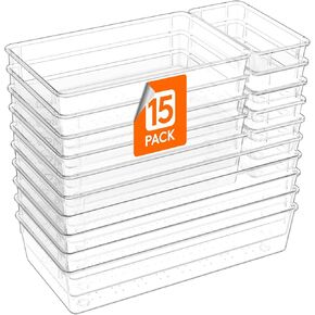 Lifewit 6 Pcs Large Bathroom Drawer Organizers, 3 Sizes Clear Plastic Storage Organizer Trays for Make Up, Kitchen Utensils, Vanity Accessories in Bathroom/Office/Dresser Organization