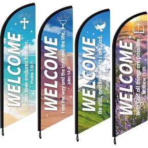 4 Pcs Church Welcome Feather Flags with Scripture Sanctuary Welcome Swooper Flag for Outside Church Banners Outdoor Inspirational Christian Banner Hanging Sign for Worship Religious Event