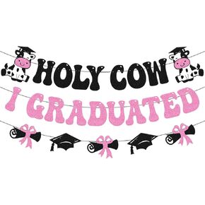 Holy Cow I Graduated Banner - Glitter Pink & Black Cow Themed Graduation Party Decoration, Pre-Strung Congrats Grad Class of 2025 Classroom School Decor for All Ages