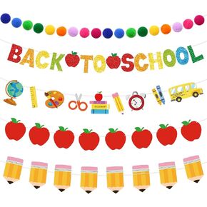 5pcs مرحبًا بك مرة أخرى في زخارف Garland School Contlulful Glittery Banner 9.8ft Apples Pencil Garland Pompom Ball Garland for Classroom First Day of School Party Supplies in Kuwait