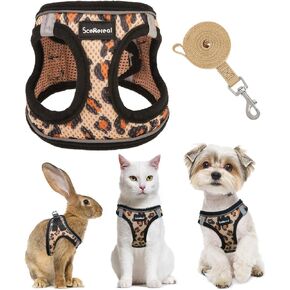SCENEREAL Cat Harness & Leash Set Escape Proof - Adjustable Air Mesh Vest with Reflective Strips for Kittens, Puppies, Rabbits, Khaki Leopard M