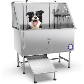 Flying Pig 50" Stainless Steel Pet Dog Grooming Bath Tub with Walk-in Ramp & Accessories (Left Door/Right Drain)