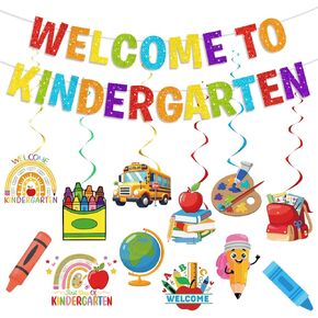Colorful Glittery Welcome to Kindergarten Banner with Hanging Swirls Stickers, Welcome to Kindergarten Classroom Decorations for Bulletin Board First Day of Kindergarten Back to Preschool Party