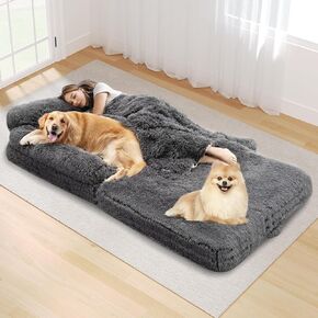 72" Foldable Human Dog Bed for Adults, Fluffy Faux Fur with Blanket, Orthopedic Washable Dog Bed with Memory Foam and Water Repellent Liner Extra Large Thick for Pet