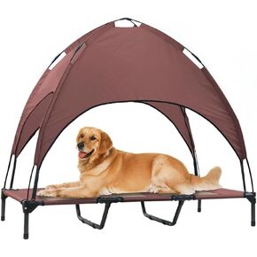 Elevated Dog Bed with Canopy, 48-inch Waterproof Pet Cot, Portable Outdoor Pet Bed with Carry Bag, Indoor/Outdoor Cooling Canopy Dog Tent for Large Dogs (Brown)