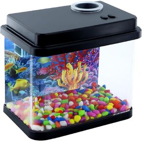 Mini Fish Tank Small Aquarium 1 Gallon Fish Bowl 7 Color Auto-Looping Light 3 in 1 Quiet Pump with Filteration & Oxygenation & Circulation,Submarine Background,Thickened Base