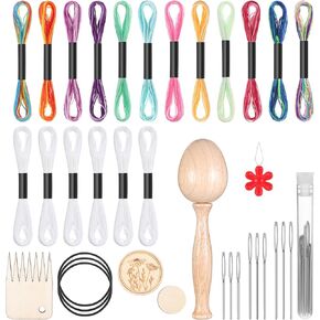 AEAOCVO Darning Egg للجوارب الخشبية جرنج نول فطر لوازم مجموعة مع بيض دارنر ، 9pcs إبر العين الكبيرة ، 18 ٪ خيوط تطريز الخياطة ، ديي رعاية الخياطة المنزلية