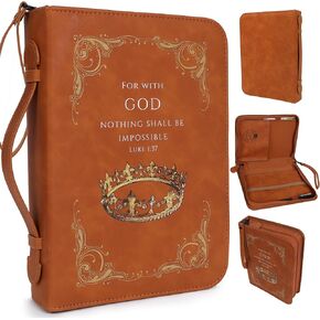 PU Leather Bible Cover for Men & Women with Zipper, Accessory Pocket, Pen Holder, Custom Embossed Front - 10.75" x 7.75" Leather Bible Cover Case for Women & Men