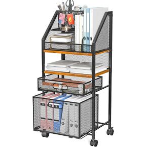 Rolling File Cart with 2 Storage Drawers Multipurpose Book Letter Organizer Carts with Lockable Wheels Wood&Mesh Rolling File Organizer Space-Saving Cart for Office Supplies