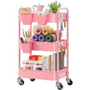 3 Tier Rolling Cart Metal with Lockable Wheels and Cups, White Three Tiered Art Cart Organizer on Wheels, Storage Utility Carts for Craft, Baby Diaper Caddy, Cleaning Supplies, Nail, Snack, Laundry