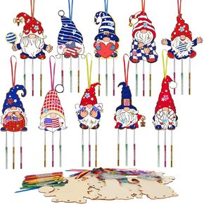 ZEELONA 10 Pack 4th July Crafts for Kids DIY Patriotic Arts and Crafts Make Your Own Wind Chime Kits Coloring Wooden Ornaments Decorations for USA Independence Day Party Classroom Art Activity