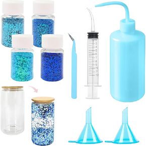 Snow Globe Tumbler Supplies Kit – 250ml Pink Squeeze Bottle, Chunky Glitter & Accessories for DIY Crafts – Starter Kit with Funnel, Syringe, Tweezer – Essential Tools for Snowglobe Tumblers