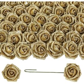 IPOPU 50pcs Gold Glitter Roses Artificial Flowers 1.97" Gold Glitter Foam Fake Roses Heads with Stems for Centerpiece Table Decorations Bridal Wedding DIY Party Baby Shower Floral Arrangements