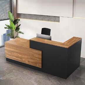 L-Shaped Reception Desk Wooden Commercial Receptionist Table Black and Wood Front Desk Reception Room Table for Office Retail Salon Checkout Left Corner 160cm/63inch
