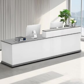 Modern Reception Desk Counter with with Counter & Lockable Srotage Drawers Office Wooden Front Desk with Keyboard Holder for Office (White+Gray/Left, 62.99" L*23.62" W*39.37" H)