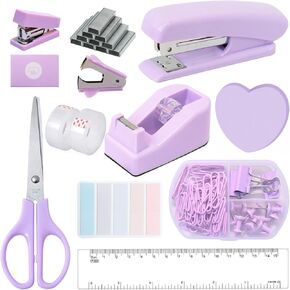 LunaBeam Pink Office Supplies Set, 11-Piece Stationery Kit: Stapler, Tape Dispenser, Tapes, Scissors, Staple Remover, Binder Clips, Push Pins, Sticky Notes, Ruler, and Tabs for Students, Teachers