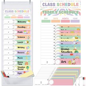 Pastel Daily Schedule Pocket Chart kit, 13+1 Pocket Schedule Chart with 32 Pieces Reusable Cards Visual Scheduling Pastel Classroom Essentials for School Office Home Preschool Activity