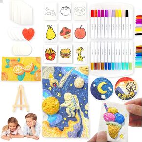 Magic 3D Foam Texture Painting Kit - 51 Pcs Puffy Paint Drawing Sponge Paper Kids Art Kit - DIY Popcorn Textured Magical Canvas Puff Paint Kid Craft Set - 24 Water Color Acrylic Marker Pens Kid Gifts