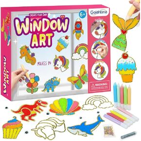 goldentime Create Your Own Fun Window Art Kit for Kids Ages 6+ Including 14 DIY Suncatchers with 10 Window Paints, Glitter & Googly Eyes –Perfect Kids Window Painting Craft Kit for DIY Window Art