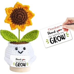 Handmade Positive Sunflower Doll Crochet with Card - Thank You for Helping Me Grow - Teacher Appreciation Gift from Student - Christmas, Birthday, Graduation, Thank You Gift for Teacher