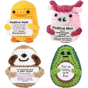 Positive Crochet Animals Mini 4 Pieces Avocado Cow Duck Sloth Desk Decorwith Positive Cards,Student Graduation Festival father days Birthday Gifts Cheer Up emotional dolls for Girl Boy family Lover