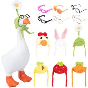6 Set 7inch Desk Goose Outfits Mini Knitting Hats with Sunglasses Small Desk Goose Outfits Knit Hat Accessory Mini Porch Goose Headwear for Magnetic Goose Statue