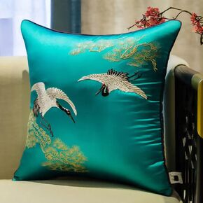 Set of 2 Satin Throw Pillow Covers Decorative Cushion Cover Embroidered Japanese Cranes Flying Traditional Pillow Cases,Soft Comfortable(Red,45x45cm)(Lake Blue,40x60cm)