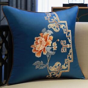 2 Pcs Satin Cushion Covers Chinese Embroidery Throw Pillow Cover Square Silk Pillowcase(Red B,50x50cm)(Dark Blue D,50x50cm)