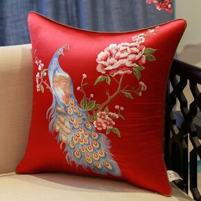 2 Pcs Satin Cushion Covers Chinese Embroidery Throw Pillow Cover Square Silk Pillowcase(Red B,50x50cm)(Red C,50x50cm)